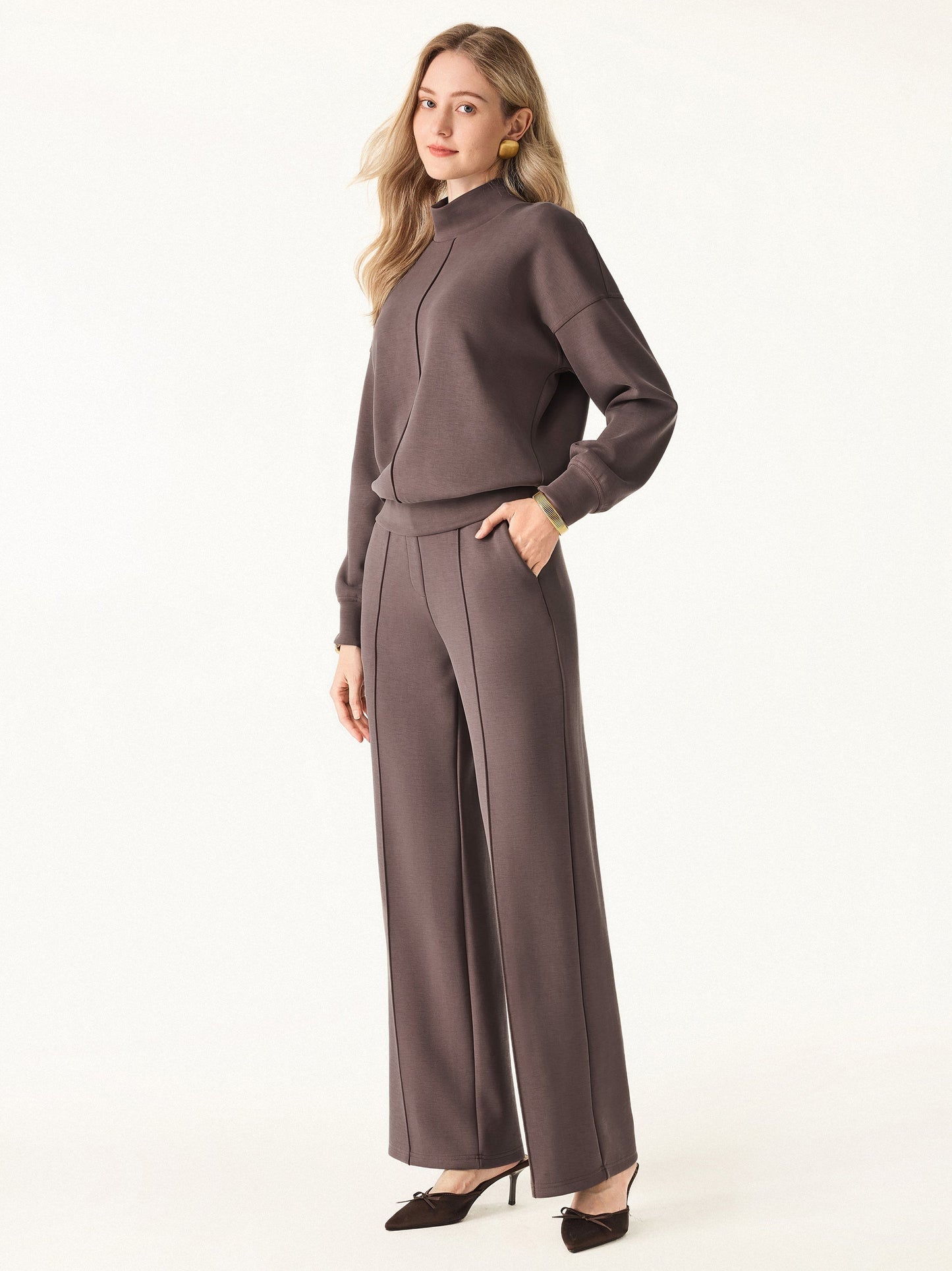 Jero ™  | 2Pcs Set Mockneck Pullover Shirt & Mid Rise Straight Leg Pants with Pockets