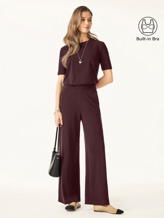 Jero ™ | 2Pcs Set Petite Mid Rise Wide Leg Pants with Pockets & Crewneck Brami with Banded Hem