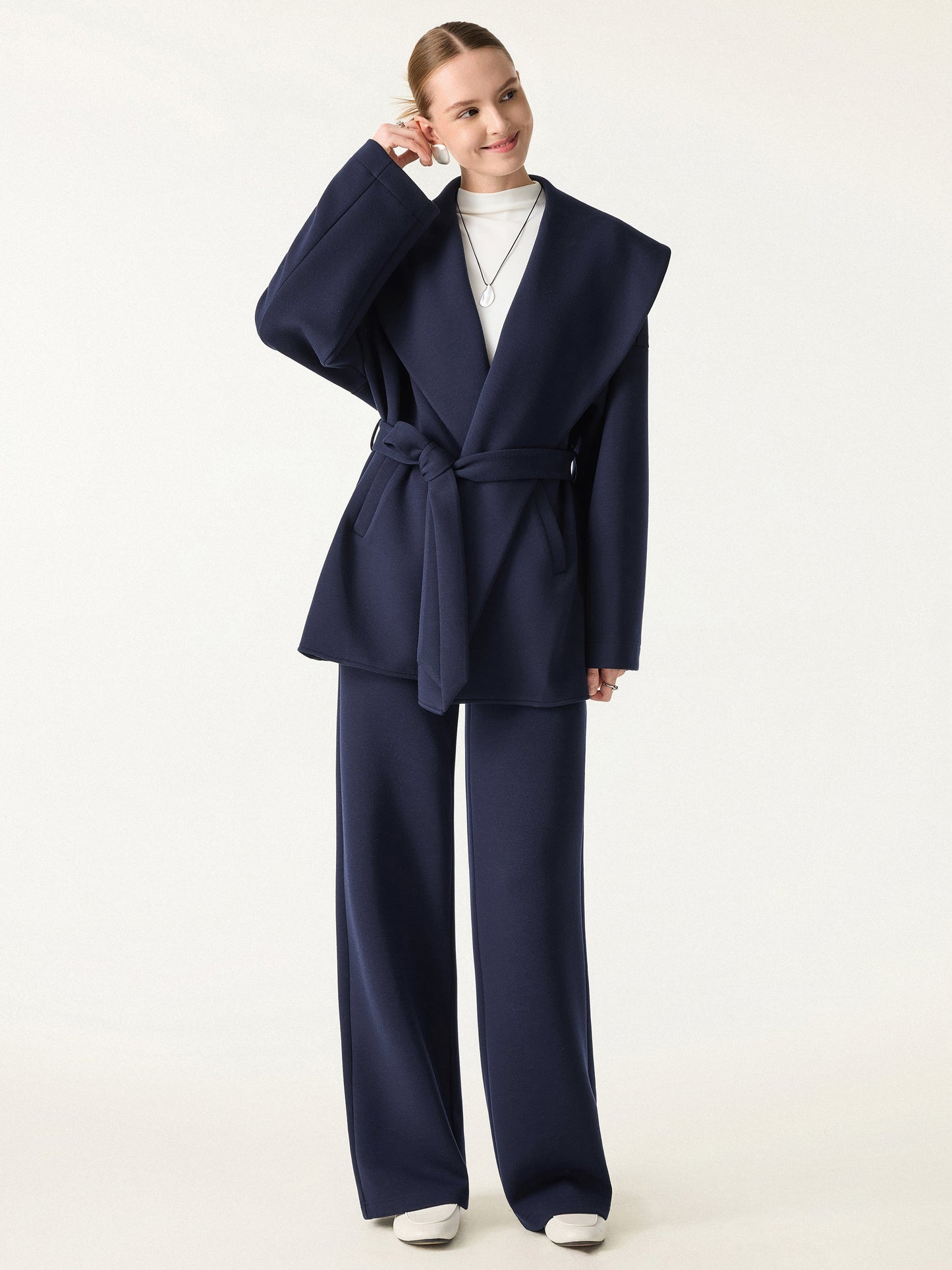 Jero ™ | 2Pcs Set Belted Shawl Collar Robe Jacket & Mid Rise Straight Pants with Pockets