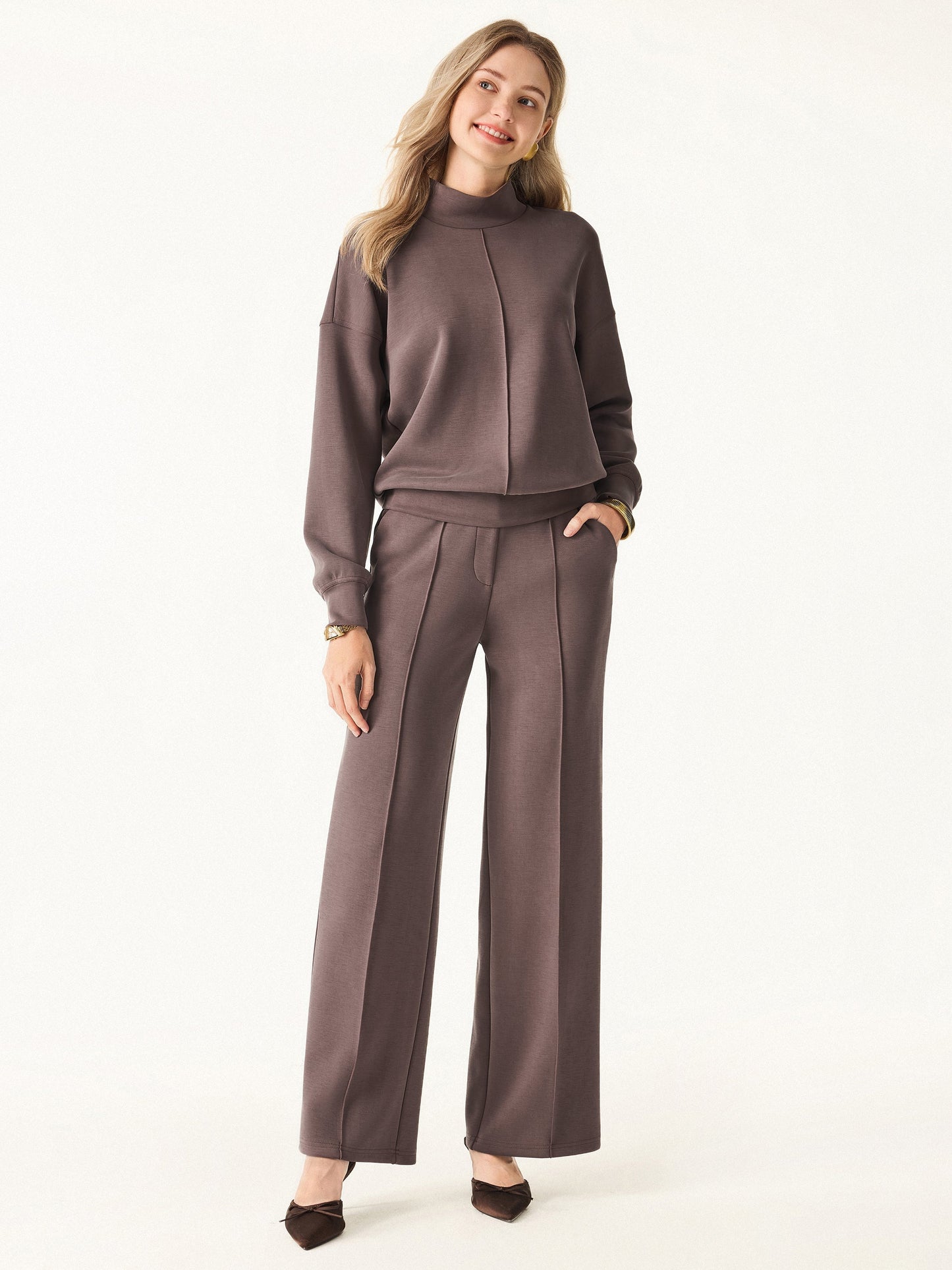 Jero ™  | 2Pcs Set Mockneck Pullover Shirt & Mid Rise Straight Leg Pants with Pockets