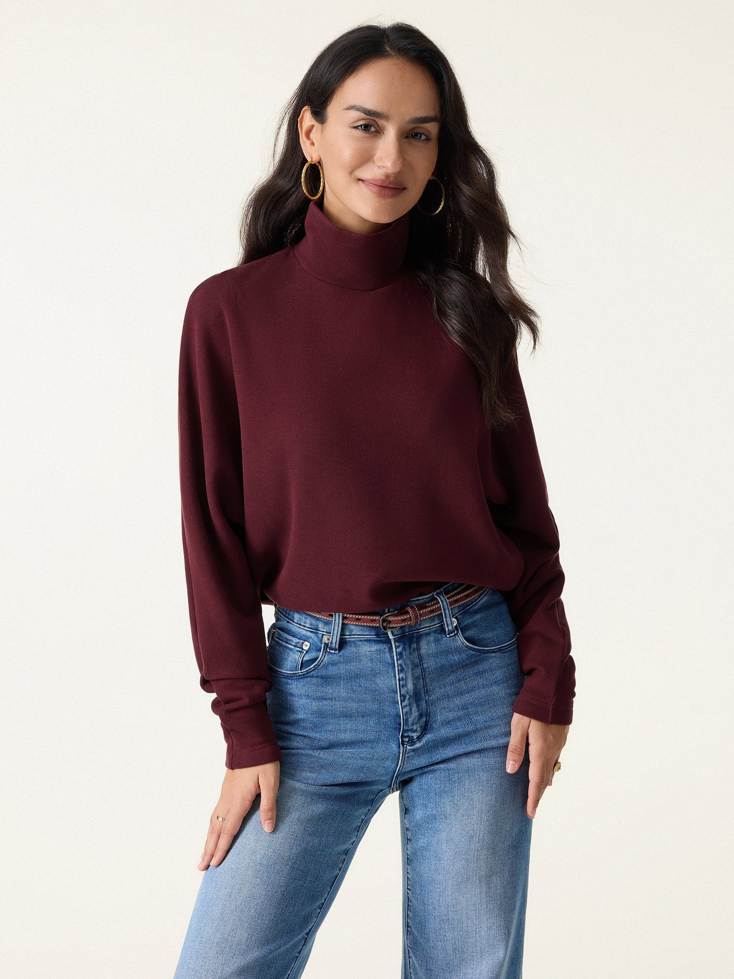 Jero ™ | 2Pcs Set Mockneck Batwing Sleeve & Midi Pull-on A-Line Skirt with Pockets