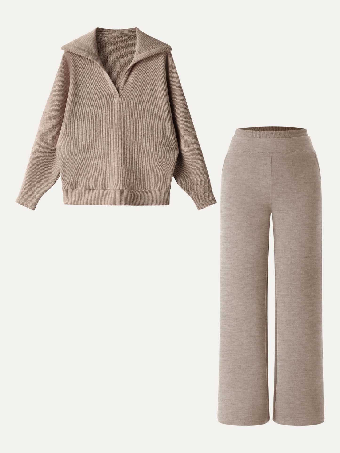 Jero ™ | 2Pcs Set Double Waistband Straight Pants & V-Neck Batwing Sleeve Pullover