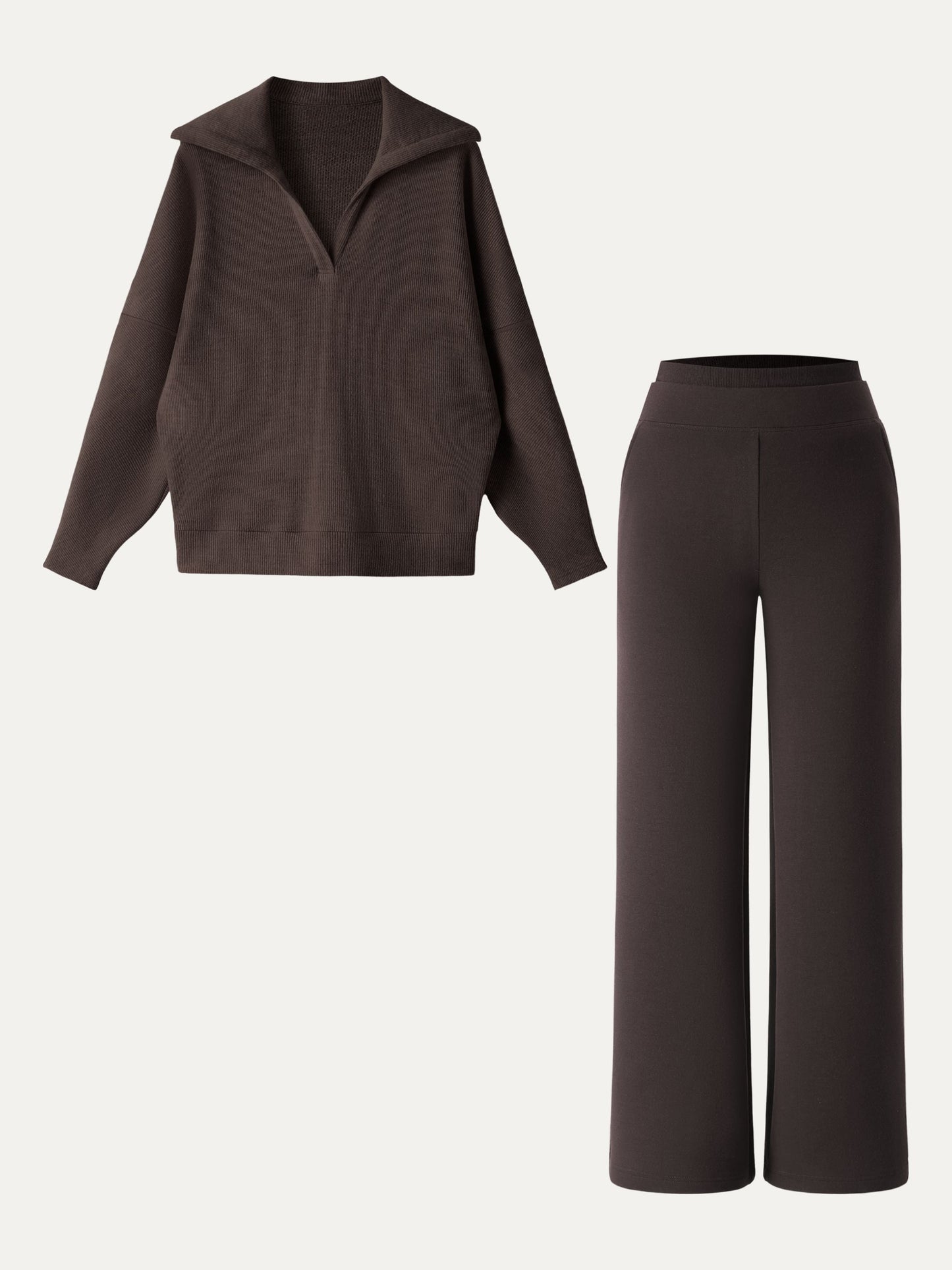Jero ™ | 2Pcs Set Double Waistband Straight Pants & V-Neck Batwing Sleeve Pullover