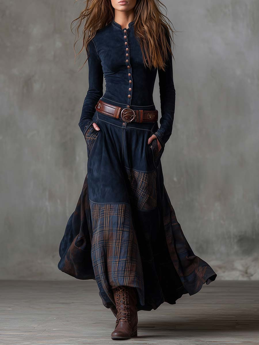 Zoë | Vintage Suede-Effect Plaid Maxi Dress
