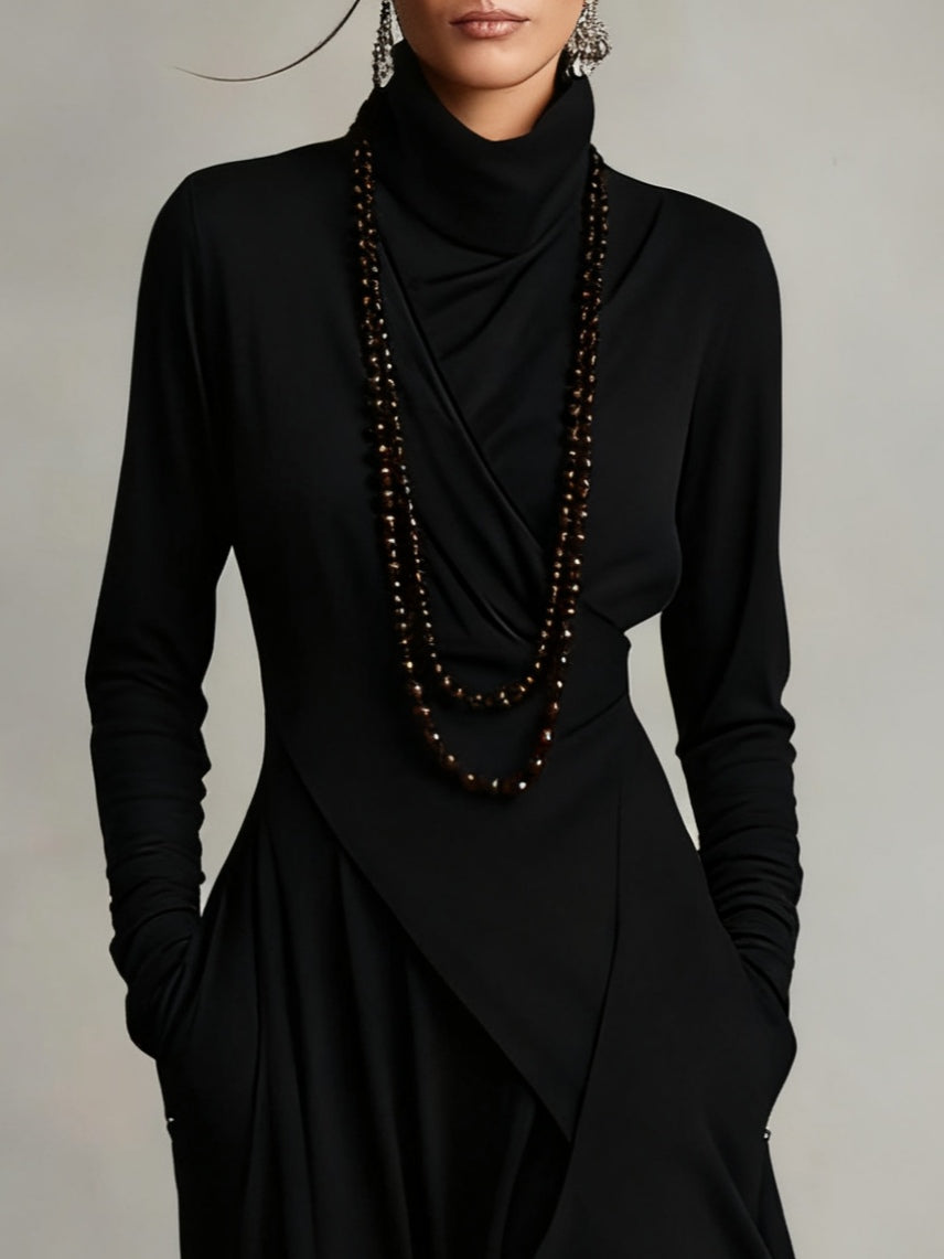 Elysian | Asymmetrical Pleated Maxi Dress with Turtleneck
